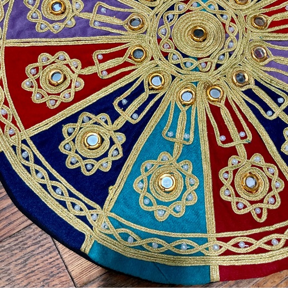 BOHEMIAN Indian Velvet Round Embroidered Decorative Round Pillow Cover 15.5” - Picture 10 of 16